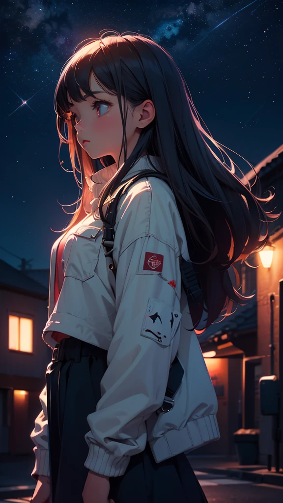 artwork, best quality, realism, girl looking the sky, nighttime atmosphere, lofi, 90s, night