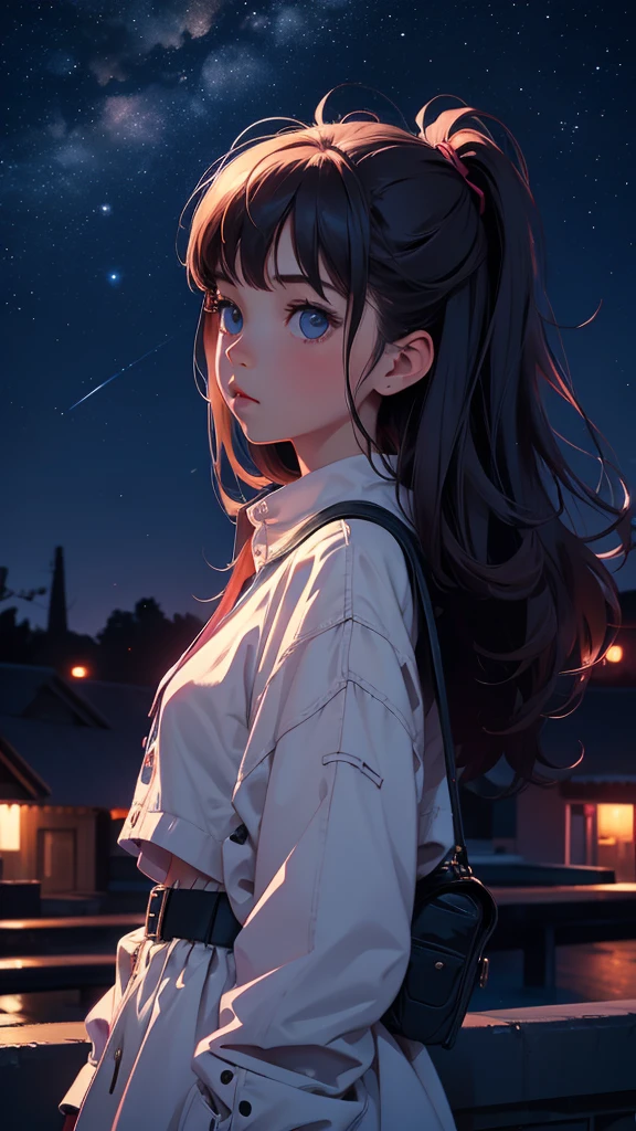 artwork, best quality, realism, girl looking the sky, nighttime atmosphere, lofi, 90s, night