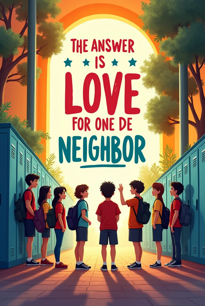 Create a cover that says " The answer is, Love for one's neighbor" something striking that is school, in Spanish.