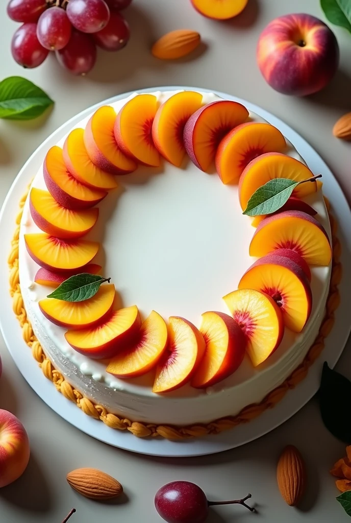 A white cake for a boy with sliced peaches in syrup and grapes cut in half in a circle on top and around it colorful candies like Pixie, almonds or green decoration like Chantilly leaves on the side and space in the center for the photograph A unique but realistic design