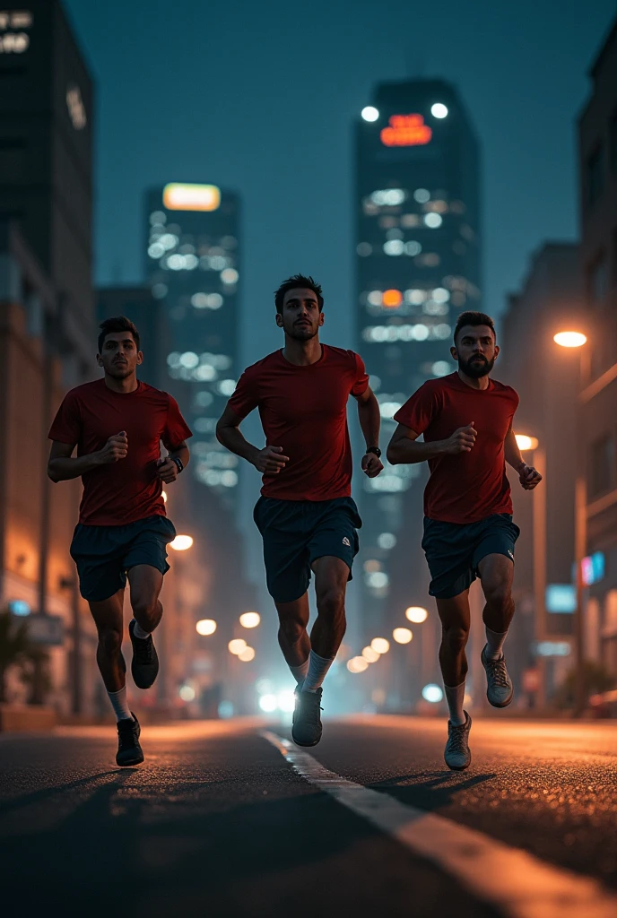 Generate an image of a 3 amateur athlete
, wearing black and red sneakers and running at night in Belo Horizonte