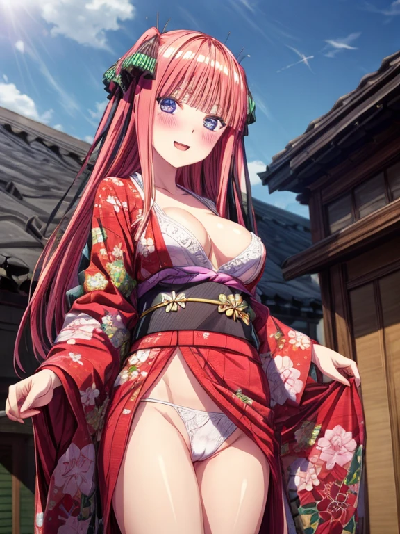 best quality, insanely detailed, nino nakano, breasts, blush, looking at viewer, cheerful eyes, arousal, kimono, highleg kimono, tight kimono, pussy, roof top background, lingerie
