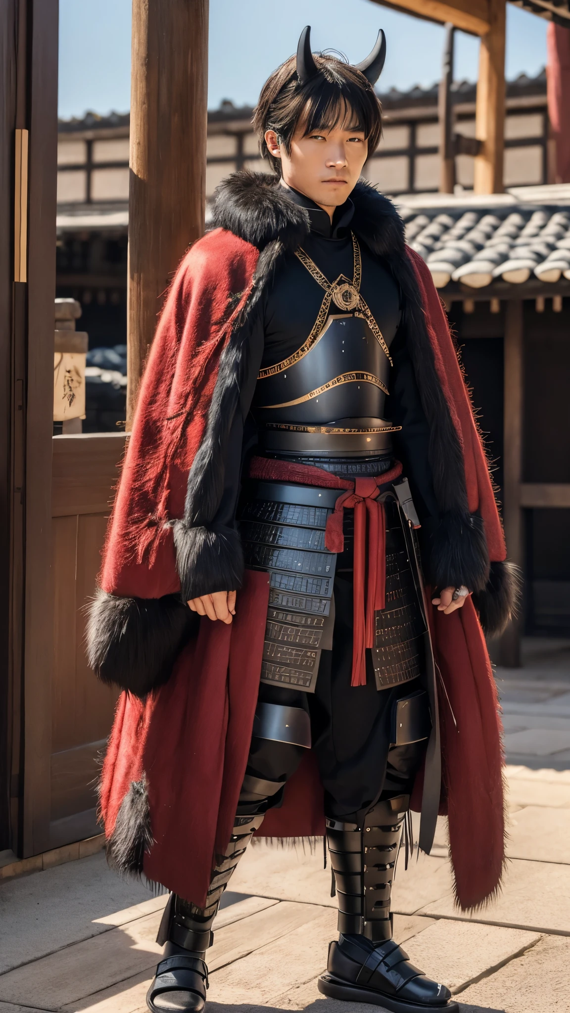 man in samurai armor with fur around the neck and waist, Wearing a devil's helmet, Dusty ornaments, Tired of fighting, Man Warrior, armor, amazing, Facial blemishes, DND Character Portrait, Complex, 8k resolution, Dynamic Lighting, Ultra-detailed, Unreal 5, Volumetric lighting, Alphonse Mucha, Pre-Raphaelites, Detailed Background, Mandala, Detailed face, Detailed eyes, neon eyes