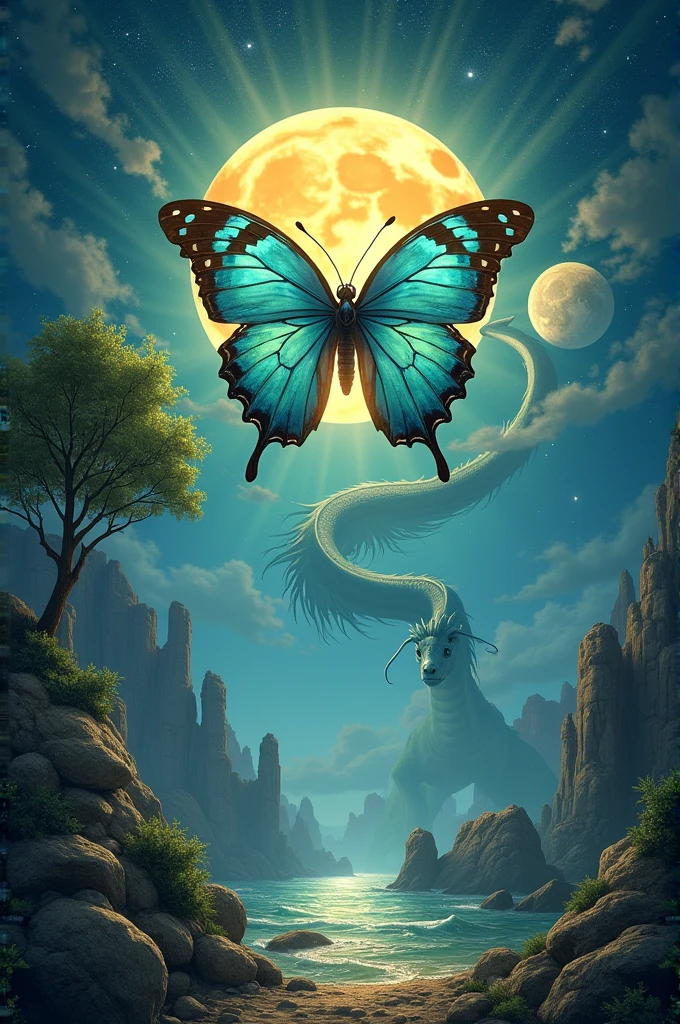give me a picture,where there is a large taygetis butterfly in the middle,above the sun,below the moon,donated left a tree,and on the right a dragon