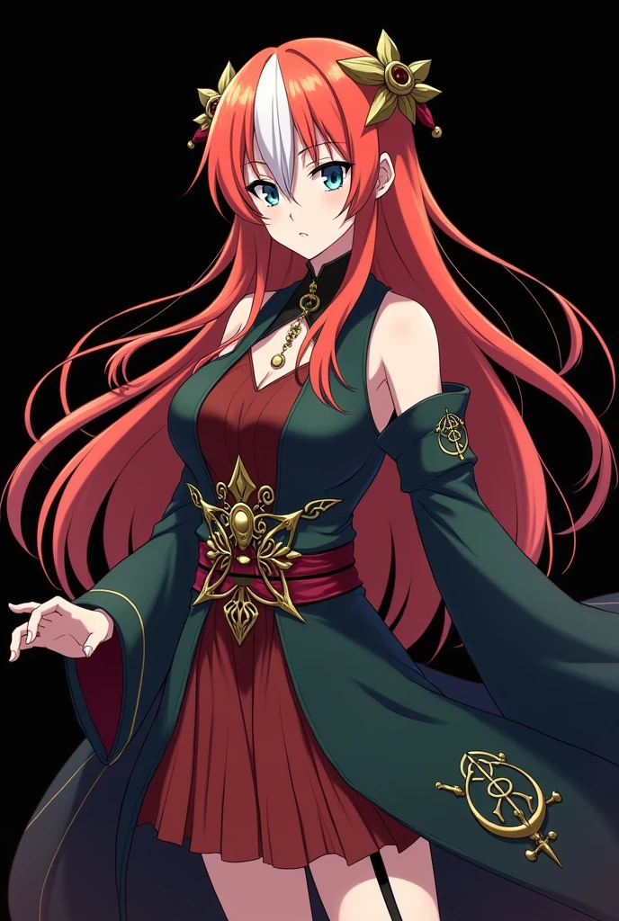 full body image, of an girl, personagem do anime "Demon Slayer", with long, straight, fire-colored hair with two white streaks highlighted in the front, framing your face. She has blue-green eyes and pale skin.. she is a Wiccan, she is in fighting pose. She wears a pentagram necklace and beautiful feminine Japanese clothes, she holds a nail hammer and small nails. Designed by Koyoharu Goutoge. black backdrop.