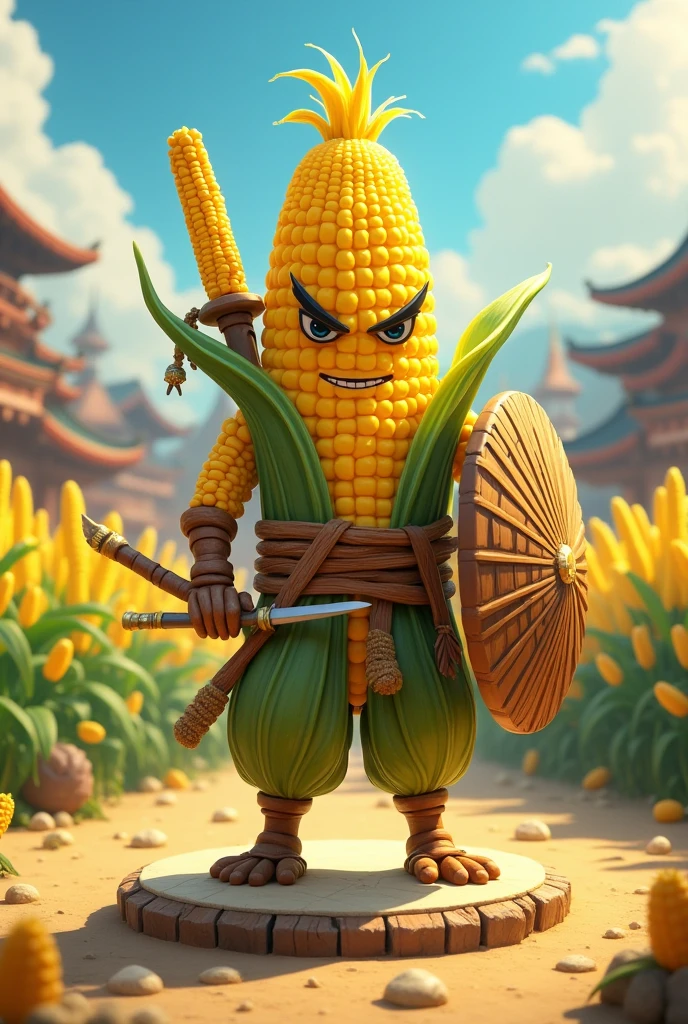Make me an avatar image of a corn doll to compete in an avatar battler tournament where they fight corn against corn , puede tener weaponduras, swords, weapon, can be a ninja