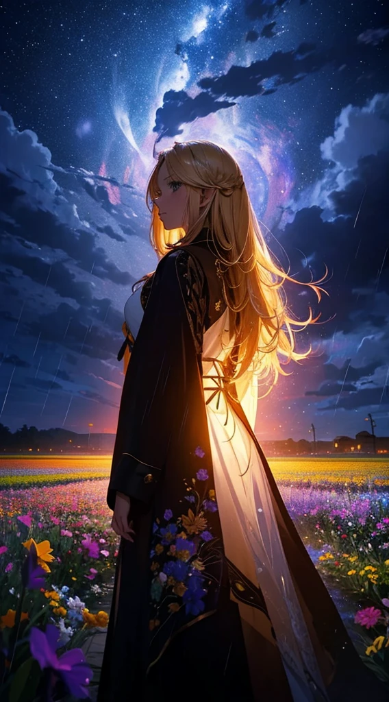 1people々々々々々々々々々々,Blonde long-haired woman,Long coat, Dress Silhouette, Rear View,universe ,typhoon,rain,Flower Field,Colorful flowers