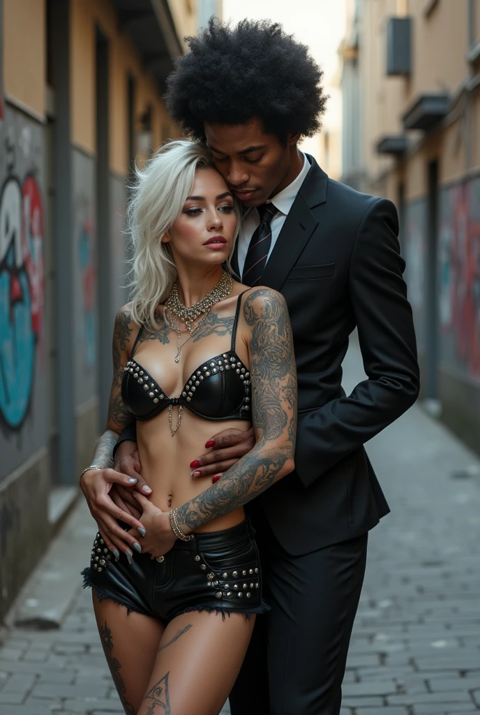 Two russian old milf women: the dominant aggressive dark skinned black woman in business pinstripe suit (jacket and trousers), black heeled shoes, very long nails and afro hair, standing up with separated legs and possessive stance showing off her new white girlfriend to the camera (arm around her girlfriends' neck squishing her back tightly, and grabbing tightly the white woman arm with her other hand, like a predator on her prey). Next to her, her white rich drunk girlfriend looks at the camera  (white woman is very pale: pale face, pale neck, pale chest, pale arms, pale hands, pale stomach, pale leg), white woman stretches her neck. white woman leans back and on her girlfriend heavily, feeling needy.  white woman is being seduced, White woman"s body is twisted and unstable, the hands of white woman are in her pockets. White woman dresses in  rock chic style: low rise studded leather miniskirt with stockings, grey hair (pouf, top bun with shaved sides, wide colourful bandana as headband) and oversized square sunglasses as headband. Big lips with no makeup. White woman wears Black studded leather push up bra and has big silicone breasts. Barefoot. The white woman wears Lots of thick wide bracelets in her wrists and big pearl necklaces around the neck of the white woman, and big rings, Wide loose studded belt with big solid buckle. The white woman is densely tattooed on neck, snake tattoos on her chest, snake tattoos on her arms, snake tattoos on her stomach, tattoed legs, wrists and feet. White woman has well Toned abdominals, thin neck, slim legs and thin arms. White woman has Narrow hips and noticeable tigh gap. The body of the white woman is twisted in a lazy posture. Full body. On a narrow street with graffitied walls, seen from above