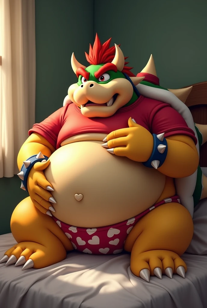 Bowser from Super Mario, Extremely obese, chubby, embarrassed, huge round belly, big moobs, heart underpants, red tight short sleeves t-shirt, laying on a bed, one hand on the belly