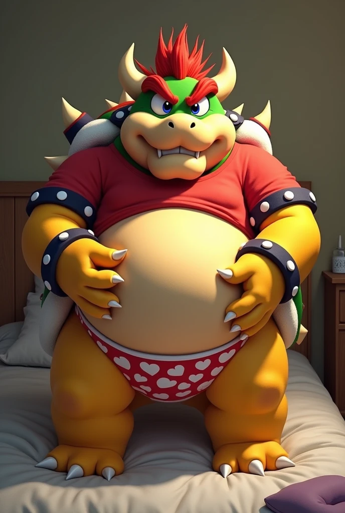 Bowser from Super Mario, Extremely obese, chubby, embarrassed, huge round belly, big moobs, heart underpants, red tight short sleeves t-shirt, laying on a bed, one hand on the belly