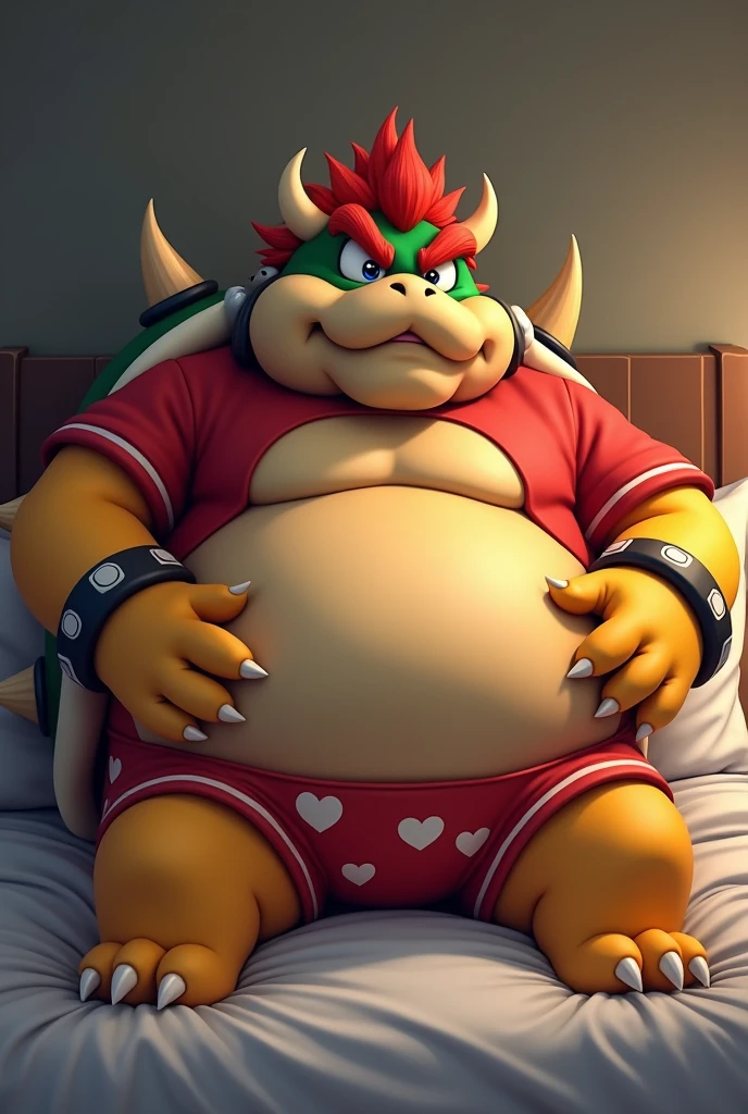 Bowser from Super Mario, Extremely obese, chubby, embarrassed, huge round belly, big moobs, heart underpants, red tight short sleeves t-shirt, laying on a bed, one hand on the belly