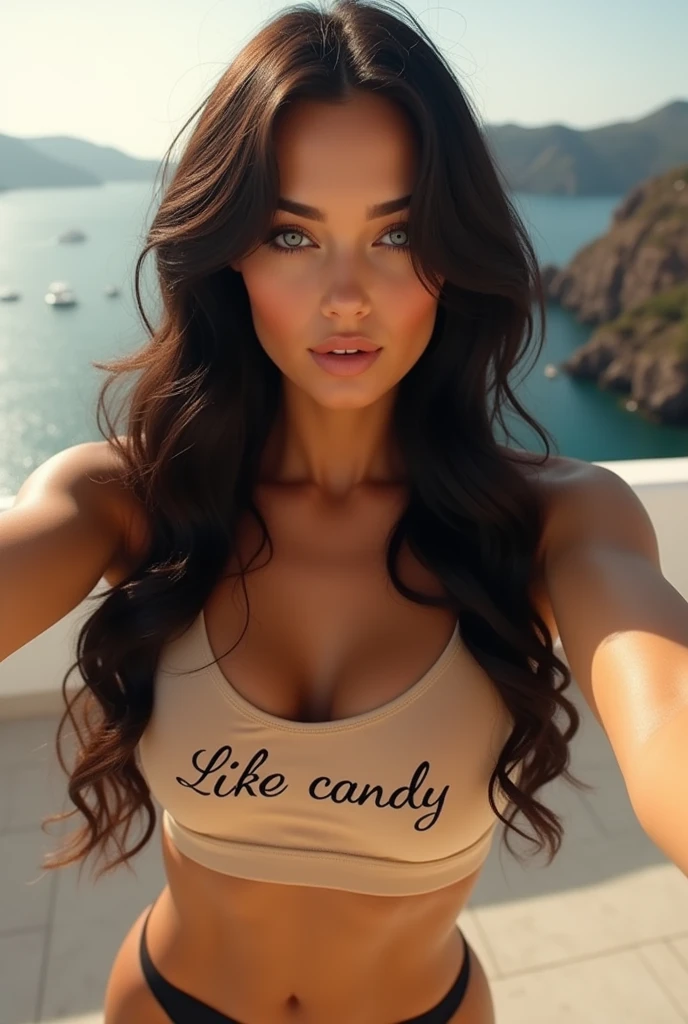 Megan Fox at 20 years old, very long black hair rapunzel straight wavy, curvy body, hourglass body, blue colored eyes, long and delicate natural nails, mouth with shiny texture,gloss labial transparente,with a cat eyeliner, golden glow. wearing a vintage beige cropped top with writing "like candy", black thong panties, taking a selfie on a white balcony in Mykonos, Greece