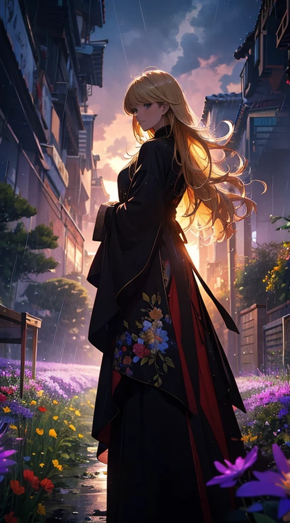 1people々々々々々々々々々々,Blonde long-haired woman,Long coat, Dress Silhouette, Rear View,universe ,typhoon,rain,Flower Field,Colorful flowers