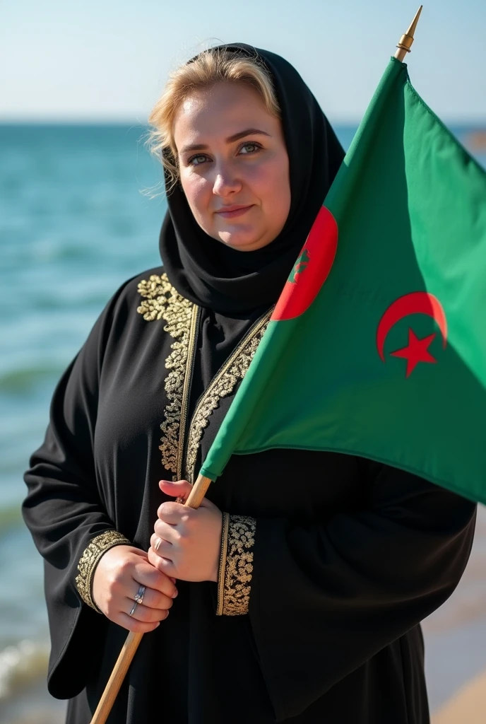 Close up, blonde, plump woman, wearing a black abaya, embroidered with gold, holding the Algerian flag, the Algerian flag is detailed in all its colors and very precise, looking directly into the camera, she is standing on the blue sea shore 
