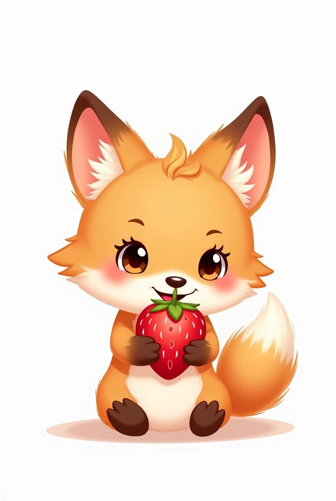 little fox with a strawberry in his hand cute cute little cartoon style white background