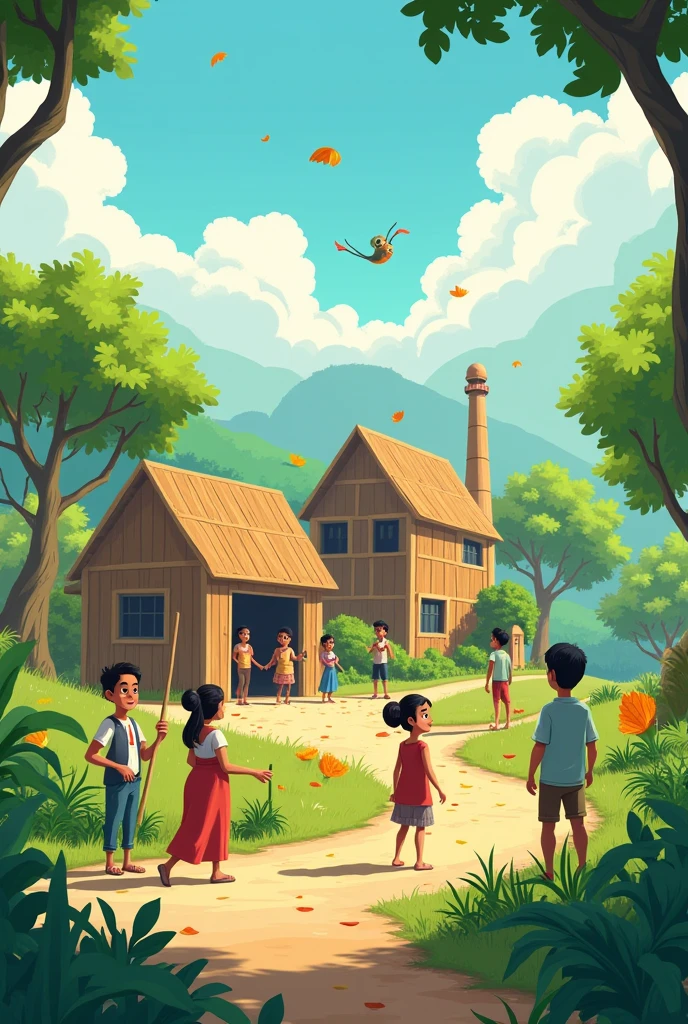 Scene 4: The New Sustainable Factory Plan**
*Image Description:* A detailed scene of the new factory design, built with sustainable materials like bamboo and recycled wood. Villagers are seen happily working on the construction, planting new trees around the area. Minoo and Robi are helping with the planting, while Ali discusses the project with the village leader. Windy is joyfully swirling around, making leaves dance in celebration .creat an image for kids stor.