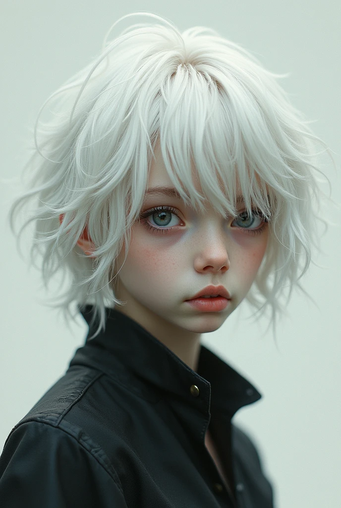 A young body with messy white hair, eyes large