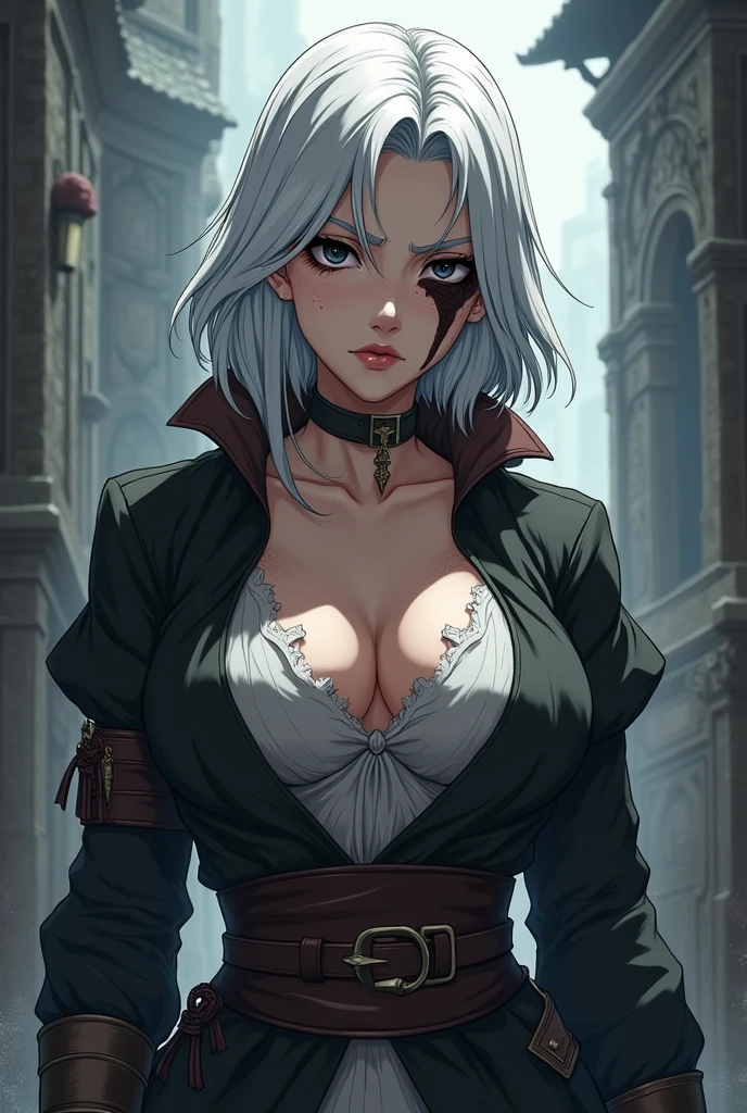 Fantasy Character, Woman with big breasts, with a frightening expression, with shoulder-length white hair and black eyes. fair skin with freckles. scar on left eye. Medieval era anime style. In swordsman's clothes