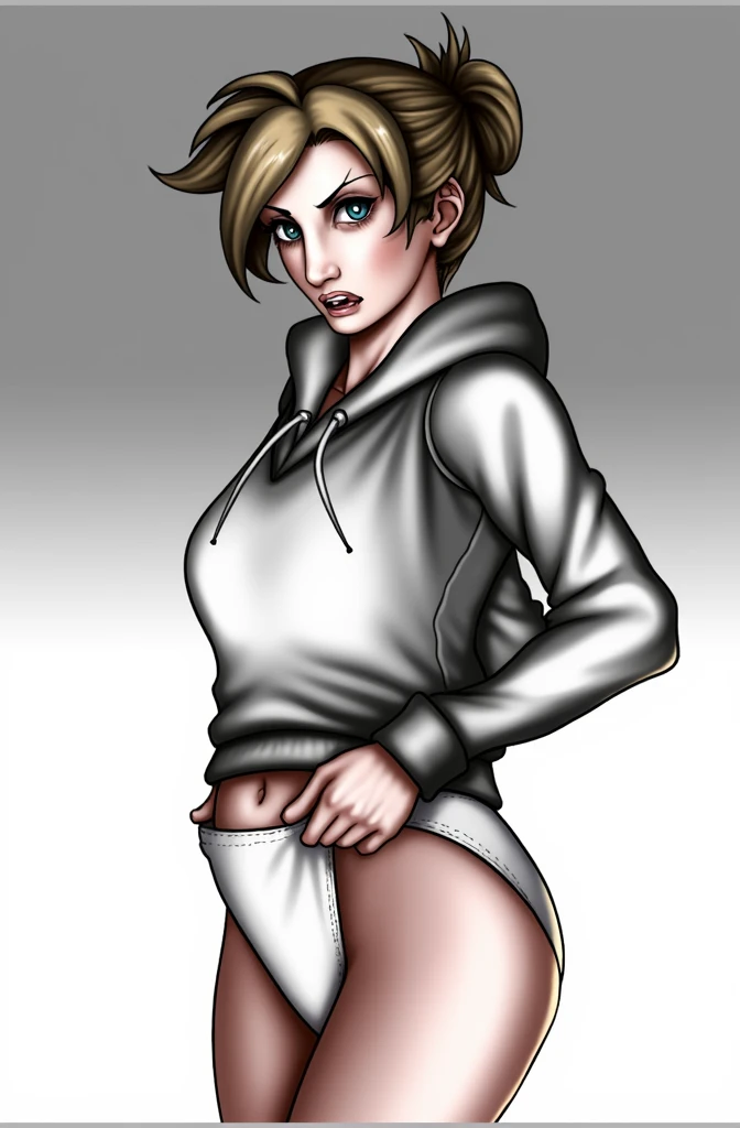 (masterpiece, best quality)), ((((perfect anatomy)))), Annie Leonhart from Attack on titan, Caucasian woman with tied blonde hair-bun, dark eye-shadow, , vibrant blue eyes, grey hoodie, tugging at (((white high cut cotton panties))), big hips, embarrassed expression, walking around barracks, (((realistic art style)))