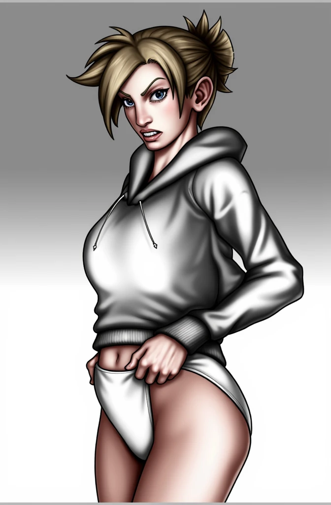 (masterpiece, best quality)), ((((perfect anatomy)))), Annie Leonhart from Attack on titan, Caucasian woman with tied blonde hair-bun, dark eye-shadow, , vibrant blue eyes, grey hoodie, tugging at (((white high cut cotton panties))), big hips, embarrassed expression, walking around barracks, (((realistic art style)))