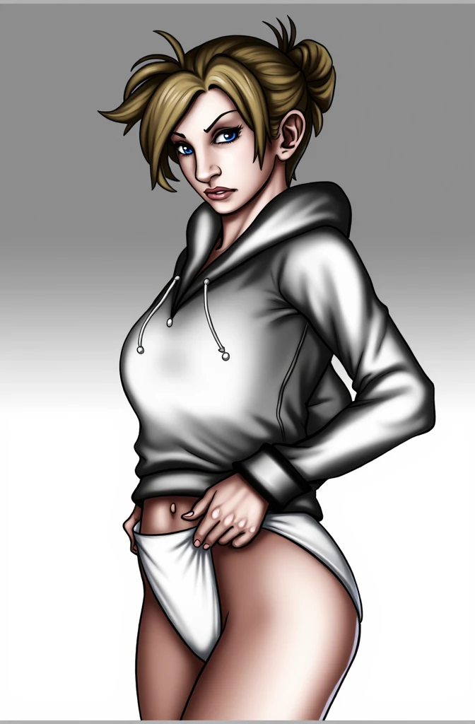 (masterpiece, best quality)), ((((perfect anatomy)))), Annie Leonhart from Attack on titan, Caucasian woman with tied blonde hair-bun, dark eye-shadow, , vibrant blue eyes, grey hoodie, tugging at (((white high cut cotton panties))), big hips, embarrassed expression, walking around barracks, (((realistic art style)))