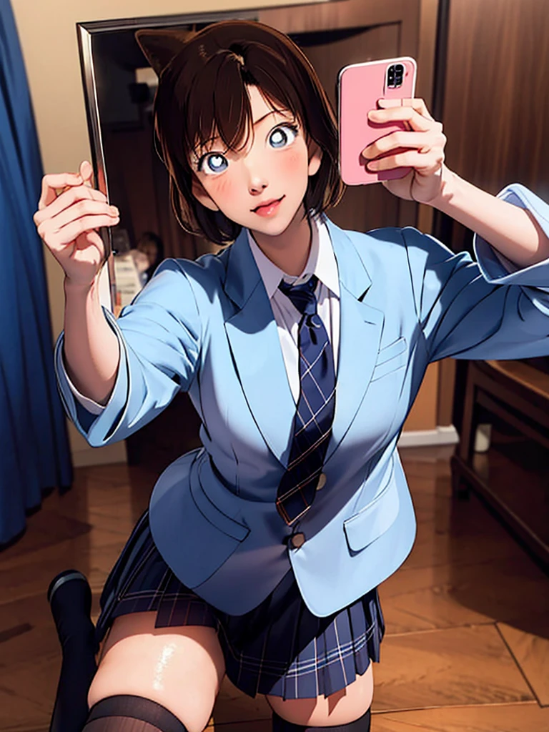1girl, solo, looking at viewer, short hair, bangs, skirt, blonde hair, thighhighs, brown eyes, sitting, school uniform, jacket, parted lips, necktie, black thighhighs, indoors, plaid, plaid skirt, wariza, phone, blazer, cellphone, smartphone, reflection, holding phone, mirror, selfie