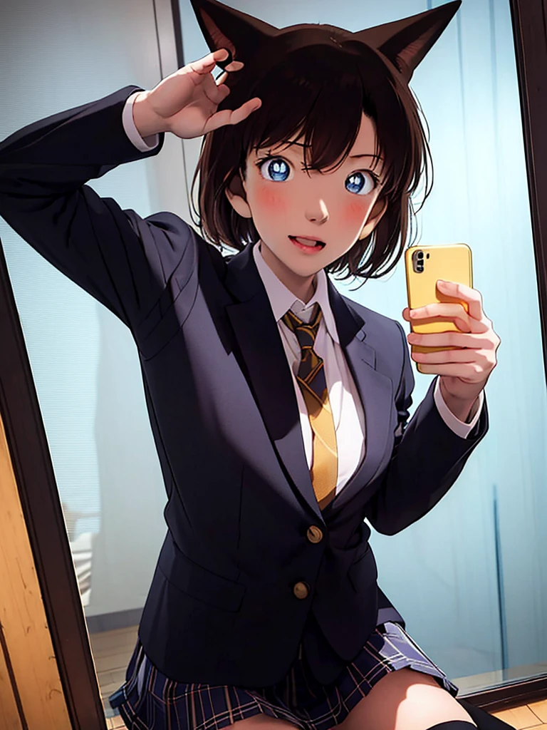 1girl, solo, looking at viewer, short hair, bangs, skirt, blonde hair, thighhighs, brown eyes, sitting, school uniform, jacket, parted lips, necktie, black thighhighs, indoors, plaid, plaid skirt, wariza, phone, blazer, cellphone, smartphone, reflection, holding phone, mirror, selfie