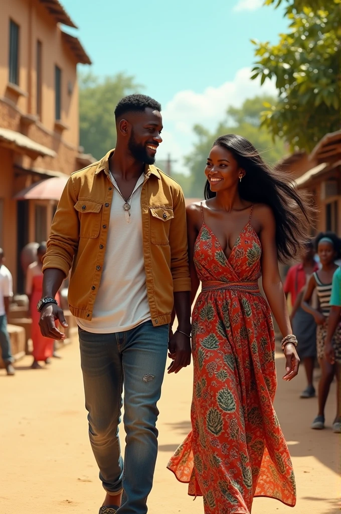 A black man. Handsome. Brown skin. Casual clothing. Walking with A black woman. Honey brown skin. Long black hair. Beautiful. Smiling. Casual clothes. In an African village street setting. Ultra high quality.