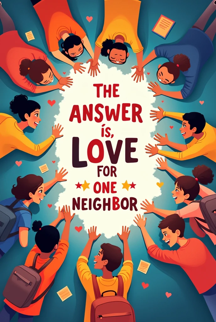 Create a cover that says " The answer is, Love for one's neighbor" something striking that is school, in Spanish the letters*