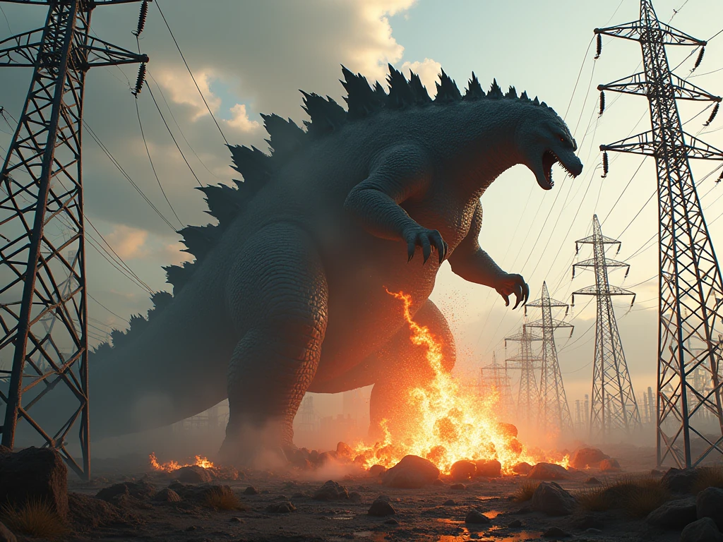 realistic photograph of giant Godzilla punching an electrical tower among an electrical distribution plant full of electrical towers, Godzilla destroying the towers with a punch, electrical lightning and electrical sparks fly off the destroyed towers.