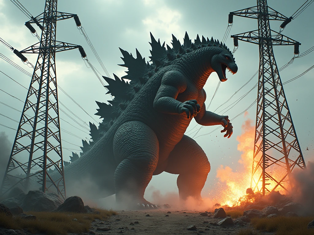realistic photograph of giant Godzilla punching an electrical tower among an electrical distribution plant full of electrical towers, Godzilla destroying the towers with a punch, electrical lightning and electrical sparks fly off the destroyed towers. 