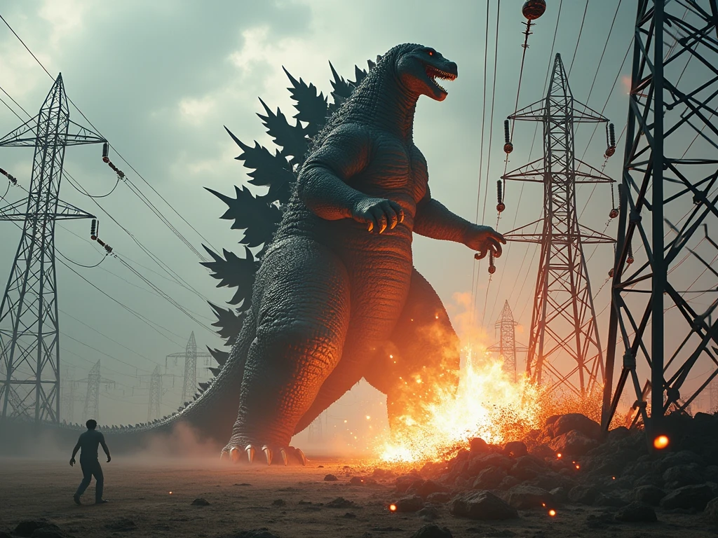 realistic photograph of giant Godzilla punching an electrical tower among an electrical distribution plant full of electrical towers, Godzilla destroying the towers with a punch, electrical lightning and electrical sparks fly off the destroyed towers.
