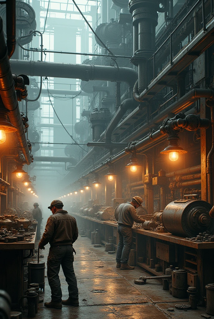 Create a picture - a small piston factory. The theme is diesel-punk. Animation style. Transparent background.