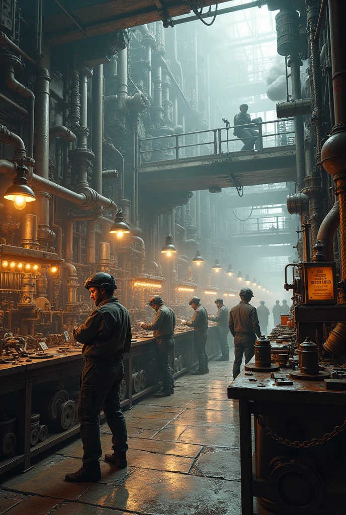 Create a picture - a small piston factory. The theme is diesel-punk. Animation style.  Transparent background.