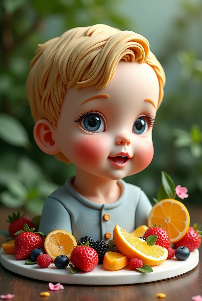 A unique and realistic boy cake with fruit and room for a photo