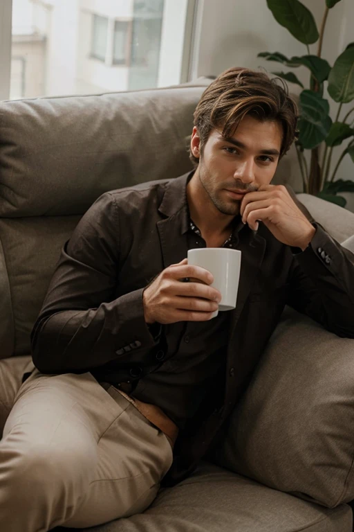 Create a handsome man sitting on a couch drinking a cup of coffee 