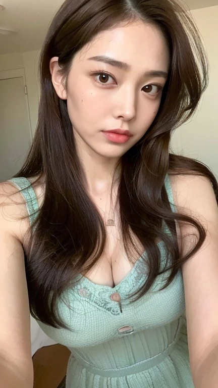 ((Highest quality, 8k, masterpiece: 1.3)), 1 female, Japanese Mature,Sensual beauty: 1.3, (Hair style Brown hair Medium wave, big: 1.2), Nightwear: 1.1, Super Slender Face, Delicate eyes, double eyelid, Dimples,Mole, Home,Plump body, Cleavage, very thick legs, Cowboys photographed from the air