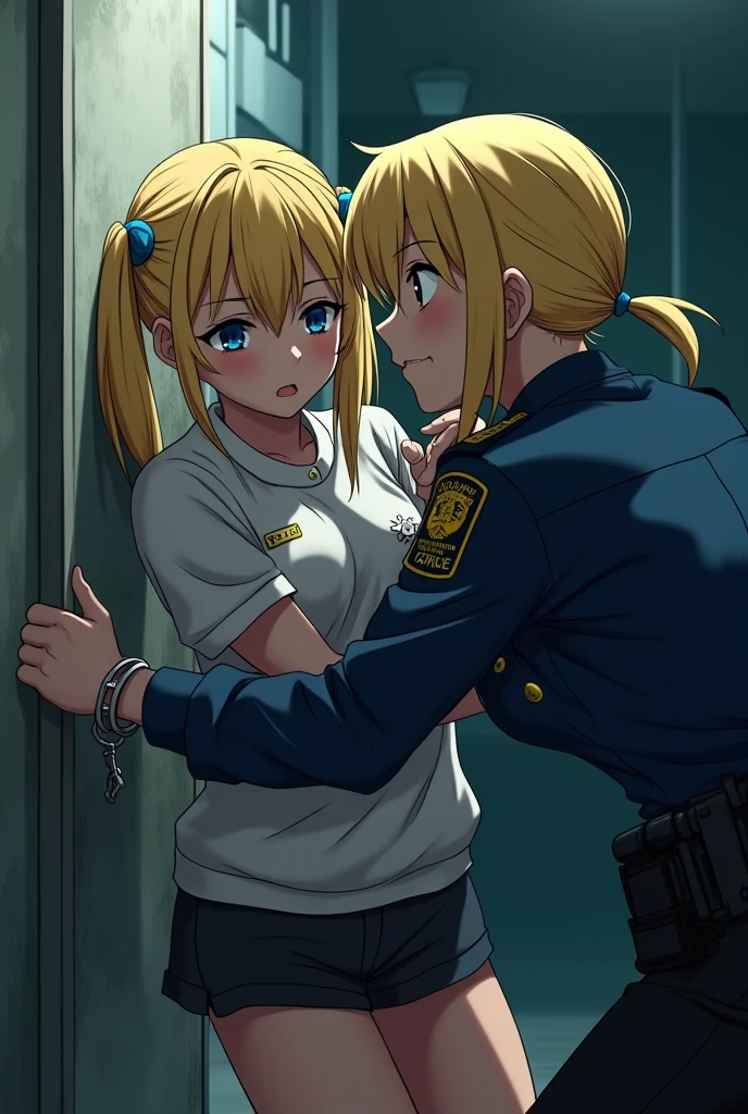 young adult blonde anime girl bank robber handcuffed and pinned against wall by blonde anime police officer