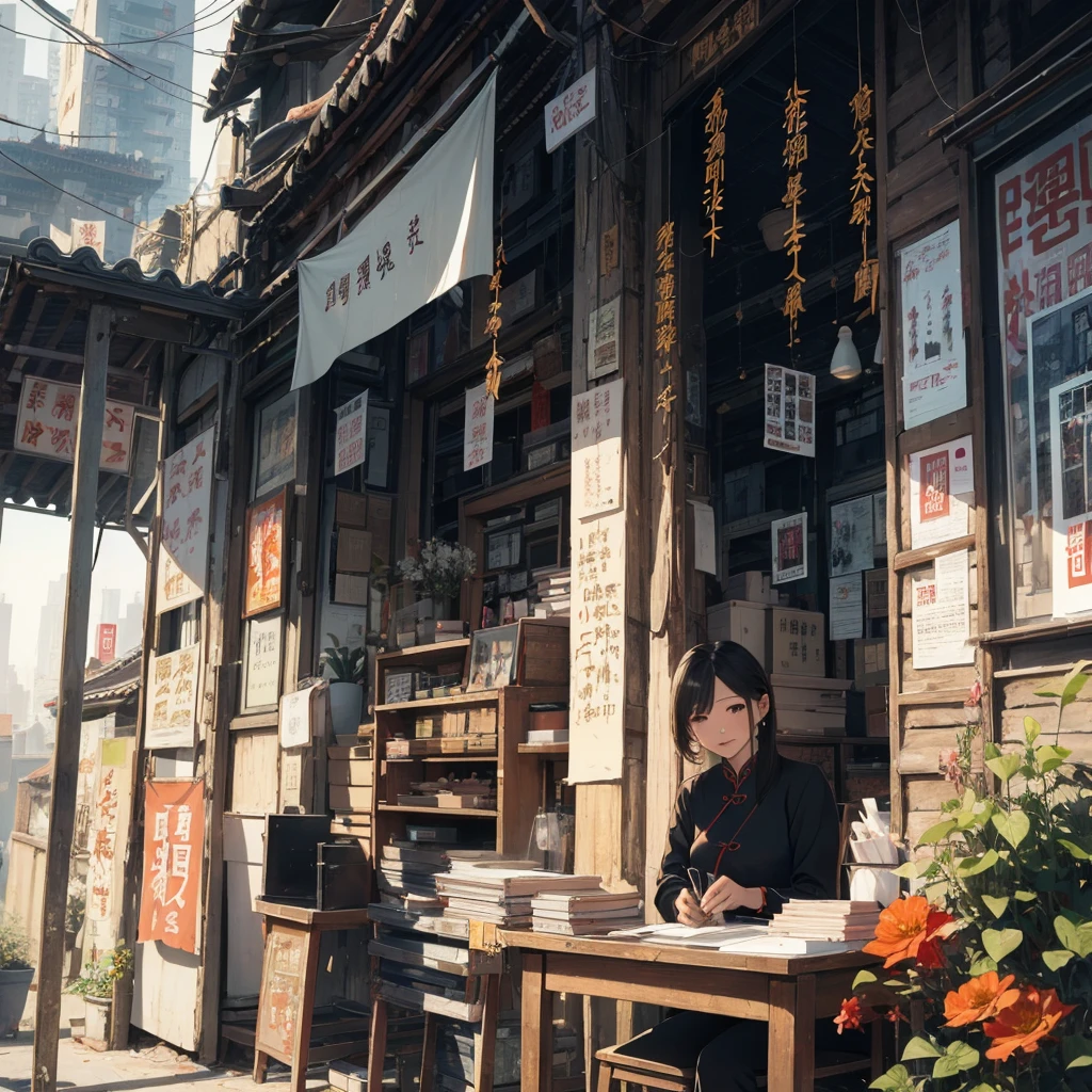 Old Shanghai,Miss,cheongsam,poster,Outlook,flowers, office lady,