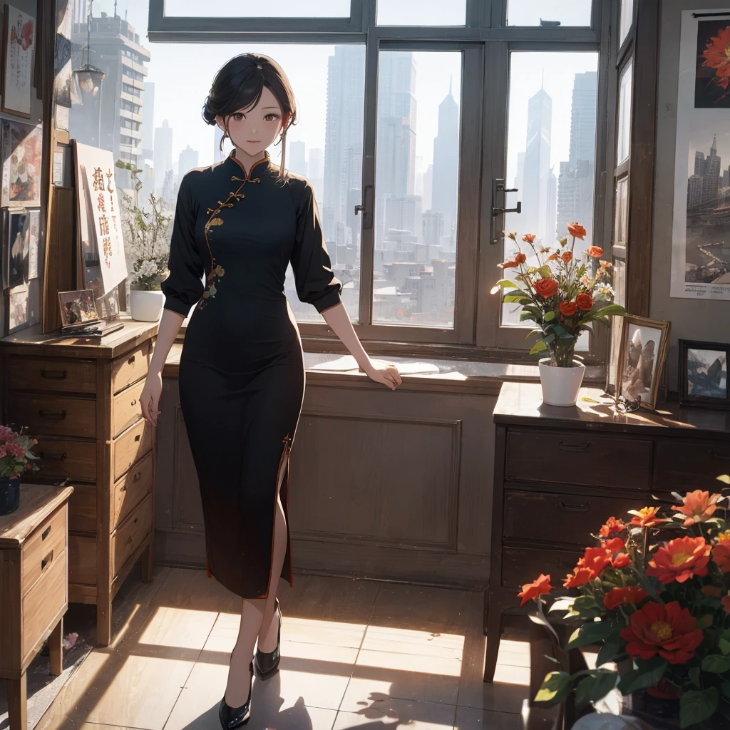 Old Shanghai,Miss,cheongsam,poster,Outlook,flowers, office lady,