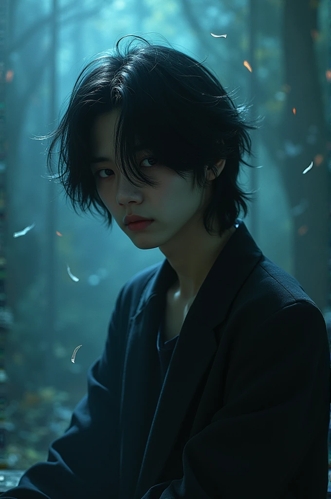 Asian K-pop boy who is in a dark place and in the background there are transparent colors and around there are musical notes and he has long hair down to his ears and the word facneo is written in the background