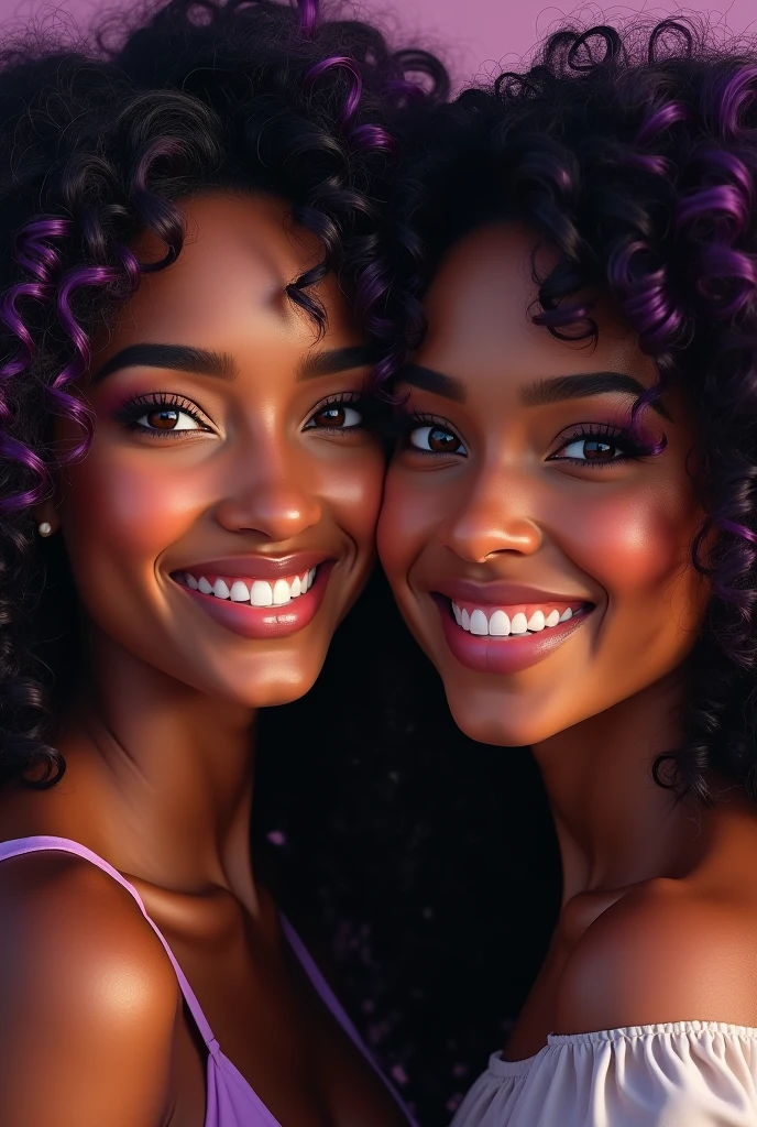 A 2 woman, ultra realisitic, Dark skin color, black hair with purple, light brown eye and smiling