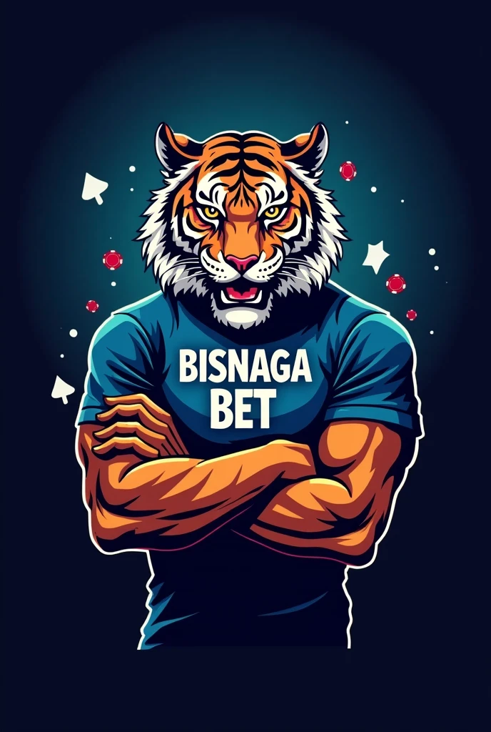 Create an image Design a casino house logo. The logo should feature a fierce tiger in the spotlight, with a stylized and attractive design. The tiger is wearing a blue shirt with the name 'Bisnaga Bet' written on the front in white letters. The tiger must look powerful and imposing, but also friendly and welcoming, suitable for a casino brand. The background should be simple, perhaps with elements of playing cards or casino chips, to reinforce the theme."
