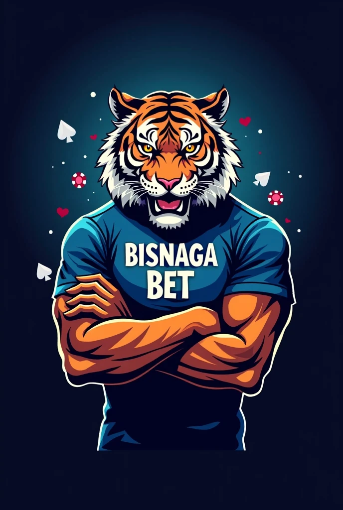Create an image Design a casino house logo. The logo should feature a fierce tiger in the spotlight, with a stylized and attractive design. The tiger is wearing a blue shirt with the name 'Bisnaga Bet' written on the front in white letters. The tiger must look powerful and imposing, but also friendly and welcoming, suitable for a casino brand. The background should be simple, perhaps with elements of playing cards or casino chips, to reinforce the theme."