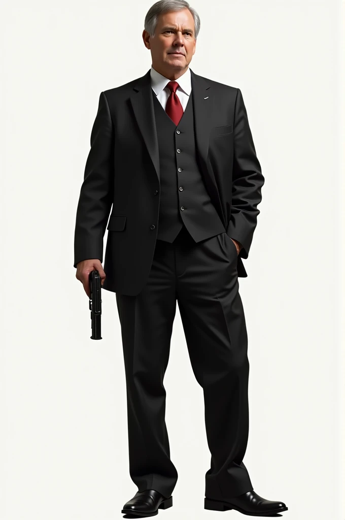 Man in a suit, the whole figure including legs, one hand in the pocket, the other loosely hanging in the hand holding the gun, brunet