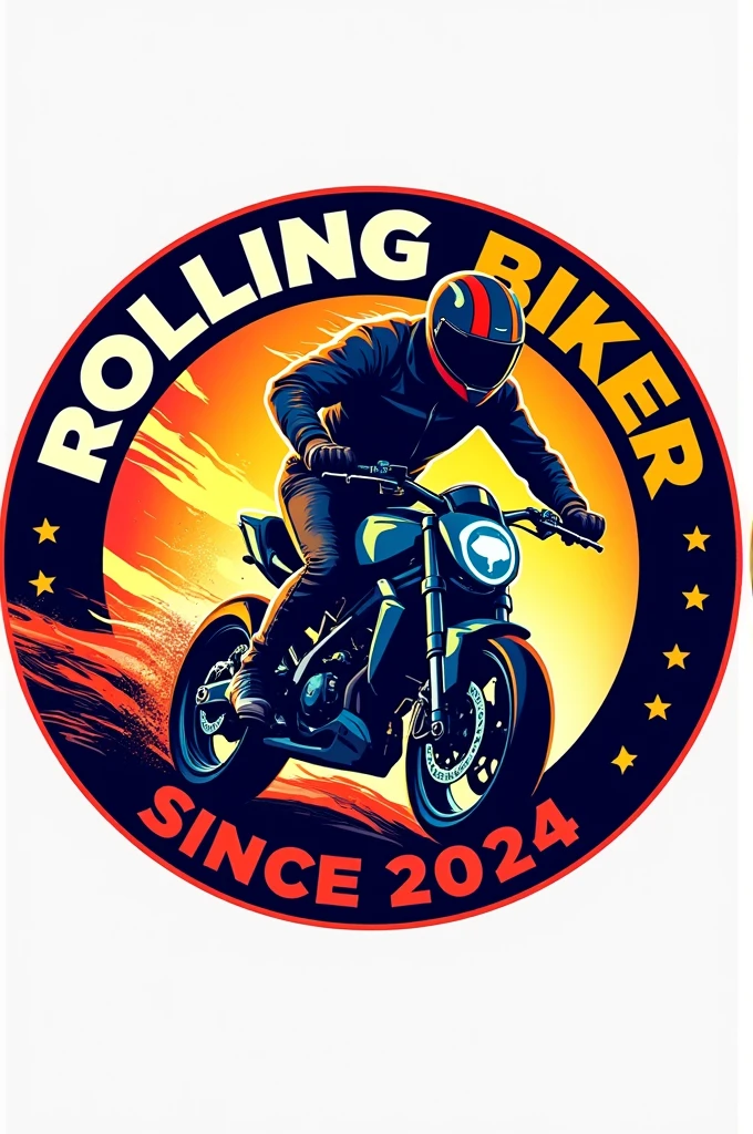 A circular logo, In the center a sports biker, with bright colors and with the name ROLLING BIKER and in small letters at the bottom it says since 2024