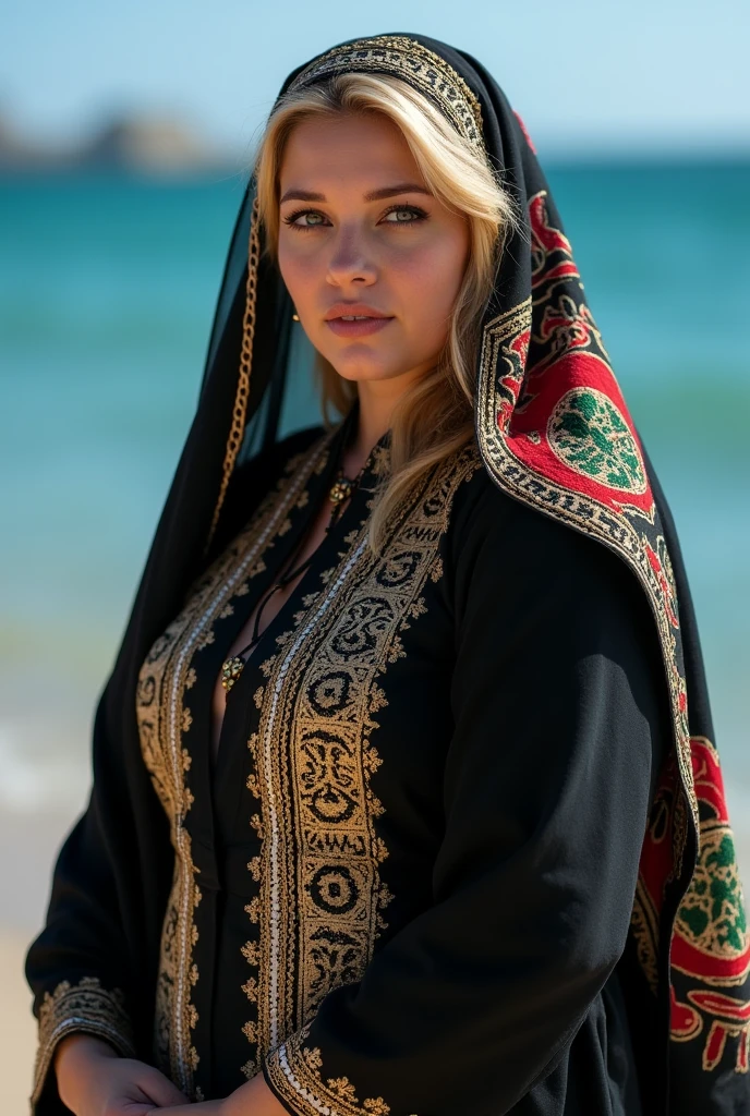 Close up, blonde, plump woman, looking directly at the camera, wearing a black abaya, embroidered in gold, on her shoulder a scarf of the Algerian flag, the Algerian flag is detailed in all its colors and very precise, looking directly at the camera, she is standing on the blue sea shore