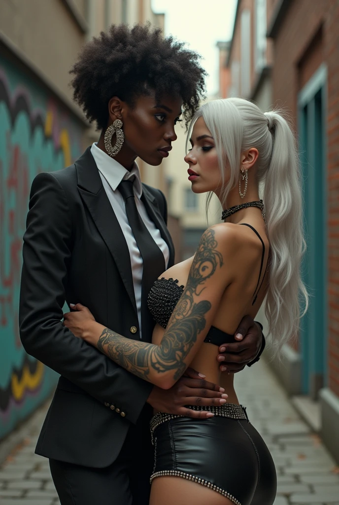 Two russian old milf women: the dominant aggressive dark skinned black woman in business pinstripe suit (jacket and trousers), black heeled shoes, very long nails and afro hair, standing up with separated legs and possessive stance showing off her new white girlfriend to the camera (arm around her girlfriends' neck squishing her back tightly, and grabbing tightly the white woman arm with her other hand, like a predator on her prey). Next to her, her white rich drunk girlfriend looks at the camera  (white woman is very pale: pale face, pale neck, pale chest, pale arms, pale hands, pale stomach, pale leg), white woman stretches her neck. white woman leans back and on her girlfriend heavily, feeling needy.  white woman is being seduced, White woman"s body is twisted and unstable, the hands of white woman are in her pockets. White woman dresses in  rock chic style: low rise studded leather miniskirt with stockings, grey hair (pouf, top bun with shaved sides, wide colourful bandana as headband) and oversized square sunglasses as headband. Big lips with no makeup. White woman wears Black studded leather push up bra and has big silicone breasts. Barefoot. The white woman wears Lots of thick wide bracelets in her wrists and big pearl necklaces around the neck of the white woman, and big rings, Wide loose studded belt with big solid buckle. The white woman is densely tattooed on neck, snake tattoos on her chest, snake tattoos on her arms, snake tattoos on her stomach, tattoed legs, wrists and feet. White woman has well Toned abdominals, thin neck, slim legs and thin arms. White woman has Narrow hips and noticeable tigh gap. The body of the white woman is twisted in a lazy posture. Full body. On a narrow street with graffitied walls, seen from above