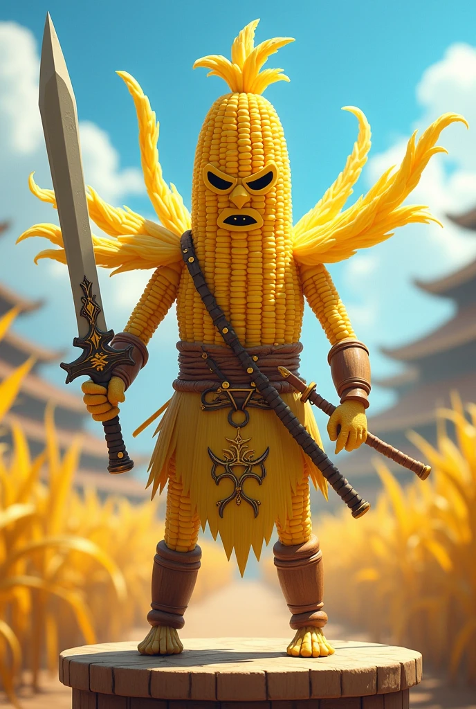 Make me an avatar image of a corn doll to compete in an avatar battler tournament where they fight corn against corn , puede tener weaponduras, swords, weapon, can be a ninja 