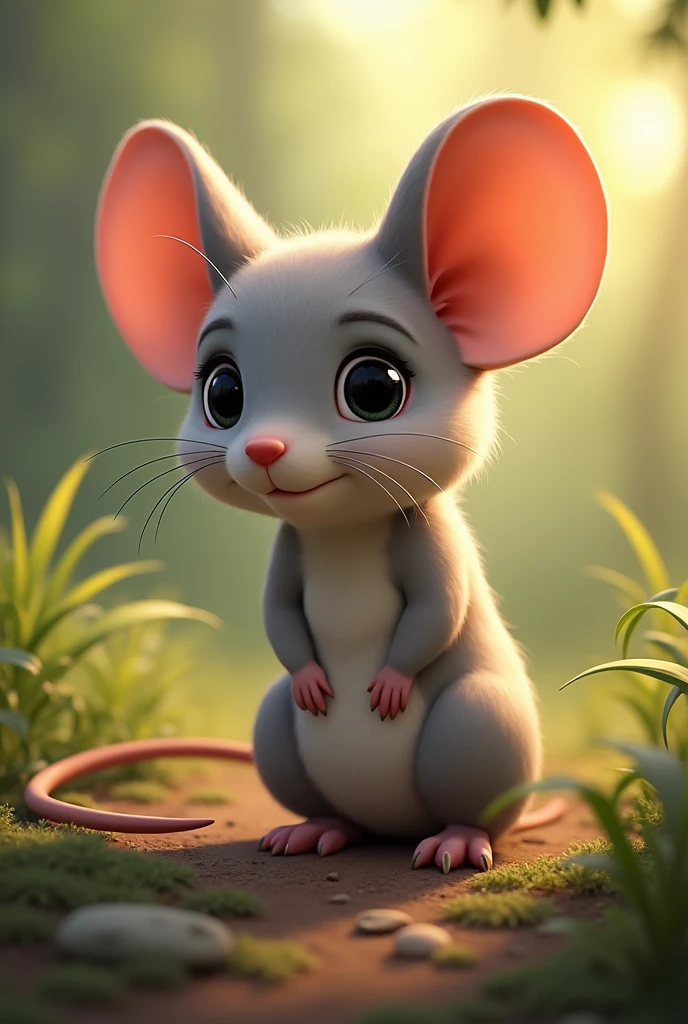 Image description: "A long-eared mouse in a natural environment, Realistically depicted. The mouse has a small and thin body, with a smooth skin of light gray or light brown color. Their ears are large and rounded., protruding prominently from his small head. The mouse's eyes are black and shiny., reflecting light, which gives it a lively and alert appearance. Her nose is small and pink., and their whiskers are long and delicate. The tail is thin and slightly longer than its body., similar in color to the fur. The environment is a field or a forest, with low grass or dry leaves around, creating a natural and welcoming environment."